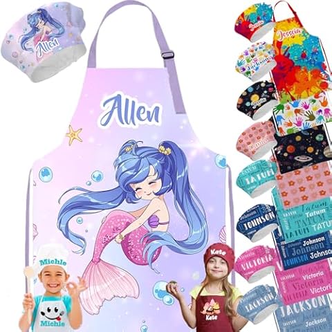 Greaxid Personalized Kids Apron Custom Chef Hat Set Child Apron with Name for Boys Girls, Kitchen, Baking, Painting All Patterns Cover