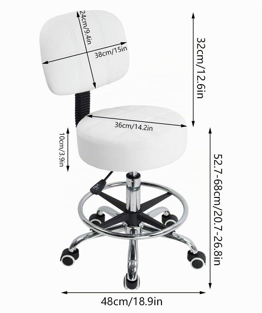 KKTONER Taburete de Laboratorio de Cuero PU Giratorio Redondo Silla de Trabajo con Respaldo Ajustable en Altura (Blanco)