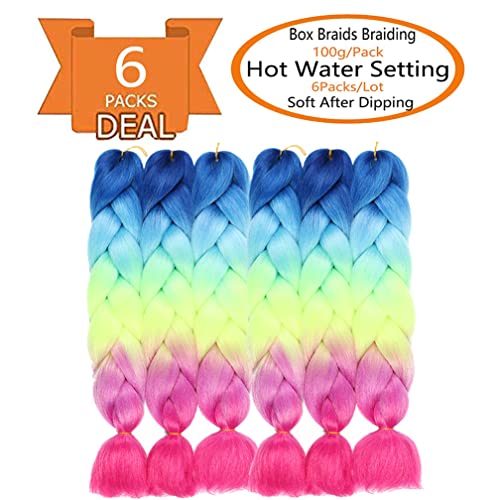 Shuohan 6 Packs Ombre Jumbo Braiding Hair Extensions 24 Inch High Temperature Synthetic Fiber Hair Extensions For Box Braids Braiding Hair (Blue To Light Blue To Green Yellow To Light Pink To Rose) #TOP1