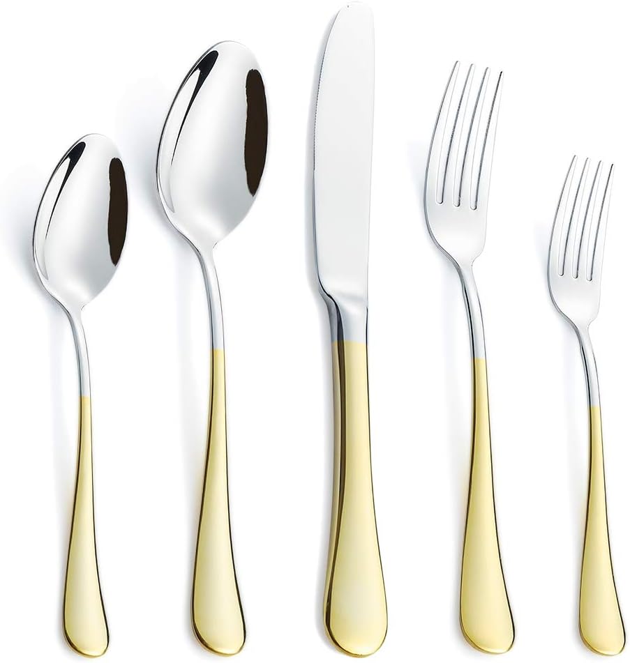 Gold Silverware set, Flatware Set 20 Piece 24K Gold Plated Stainless Steel Cutlery Sets, Eating Utensils Tableware Service for 4 Forks Spoons Knives Mirror Polished Dishwasher Safe