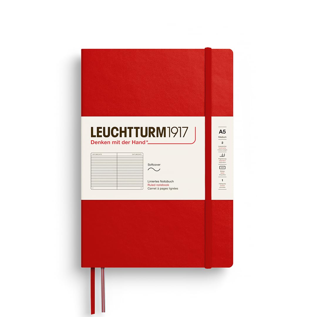 LEUCHTTURM1917 373995 Notebook Medium (A5), Softcover, 123 Numbered Pages, Cherry, Ruled