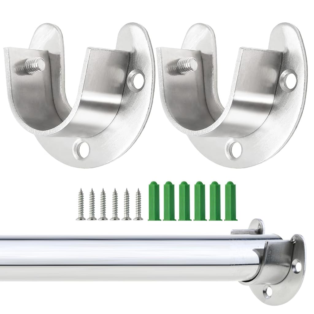 HASTHIP® 2Pcs Wardrobe Hanging Rod Mounts U-Shaped Closet Rod End Supports Wardrobe Brackets Screw Mounted Universal Stainless Steel 1-1/3''Wardrobe Brackets with Screws