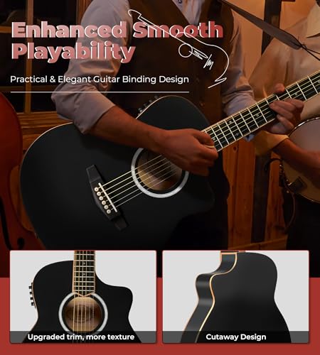 Image of Vangoa 3 /4 Acoustic Electric Guitar Kit for Beginners, 36 Inch Acoustic Cutaway Guitar Junior Size Travel Acustica Guitarra Bundle for Adults, Teens, Upgraded Starter Kit, Black Matte