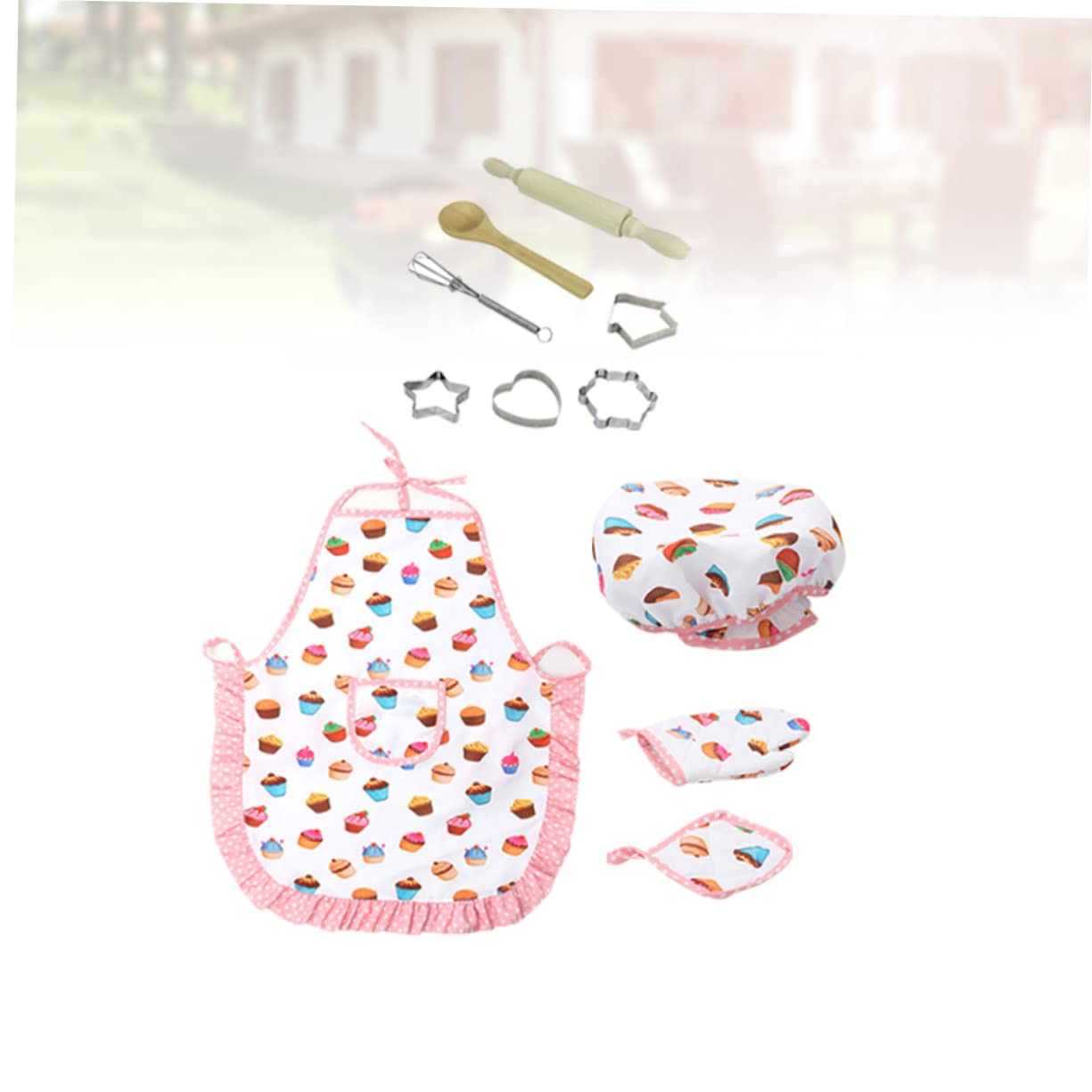 Juego de Cocina Infantil para Niñas Delantal, Gorro y 4 Moldes Adhesivos, Material de Tela Lavable y Fácil de Transportar para Juegos de Cocina y Vacaciones