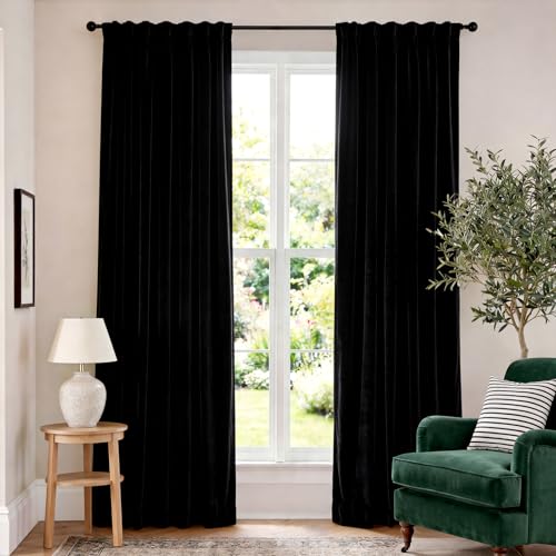 Image of Blackout Black Velvet Curtains Rod Pocket 62x84 Inch 2 Panels | Soft Velvet, For Bedroom & Living Space, Light Shifting Texture, Elegant Drape, Classic
