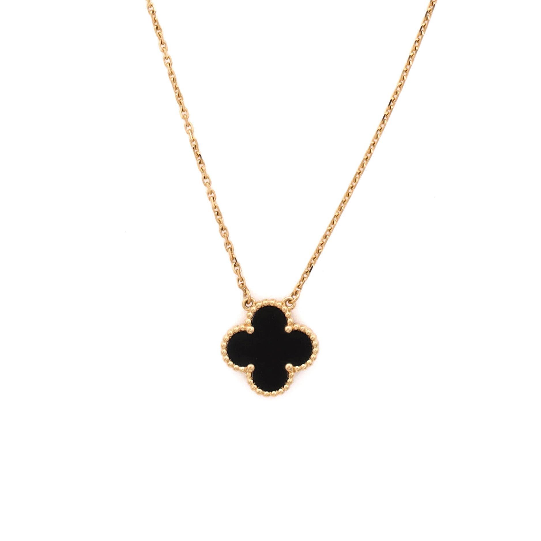 Van Cleef & Arpels Pre-Loved Vintage Alhambra Pendant Necklace 18K Yellow Gold and Onyx, Yellow Gold