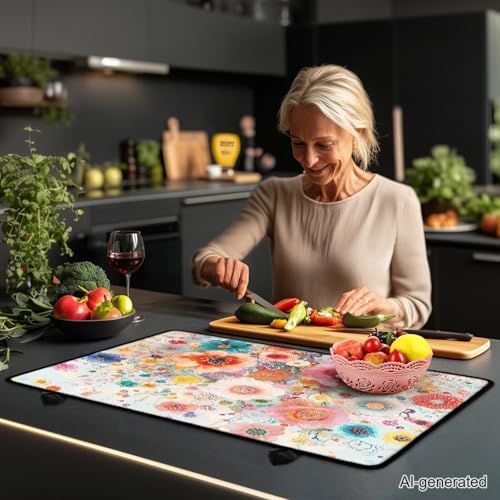 Image of Vintage Flower Extra Large Stove Top Cover for Electric, Ceramic Glass Electric Stove Top Cover, Range Protector for Gas Burners, Dish Drying Mat for Kitchen, Washable(30 inchx21 inch)