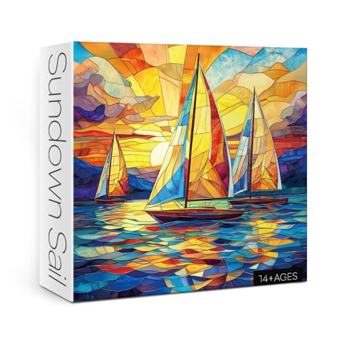 Stained Glass Sailboat Sunset Puzzle for Adults 1000 Pieces, Colorful