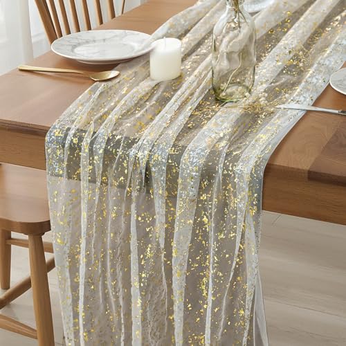 Camino de Mesa Tul, 70 x 300 cm Caminos de Mesa de Encaje, Elegante Table Eunner con Lámina de Estampación en Caliente, Bohemio Camino Mesa para Fiestas, Bodas, Banquetes, Manualidades (Or)