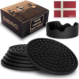 Barvivo Drink Coasters Set of 6 w/Holder - Tabletop Protection for Any Table Type, Wood, Granite, Glass, Soapstone, Sandstone, Stone Tables - Perfect Soft Silicone Coaster Fits Any Drinking Glass