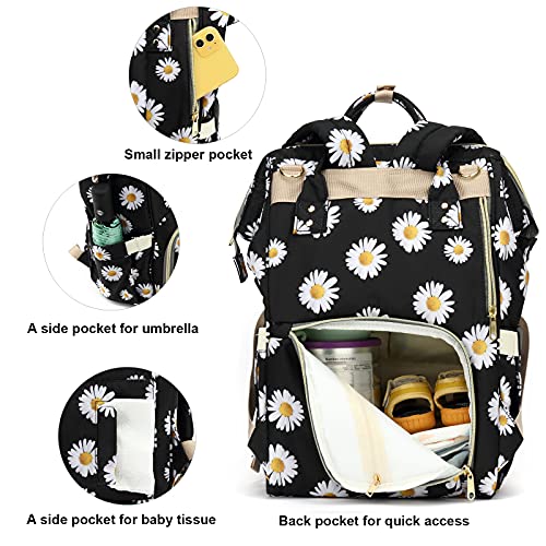 Yusudan Floral Diaper Bag Backpack For Baby Girls Boys, Flowers Mom Nappy Bags For Women (Daisy Black) #TOP2