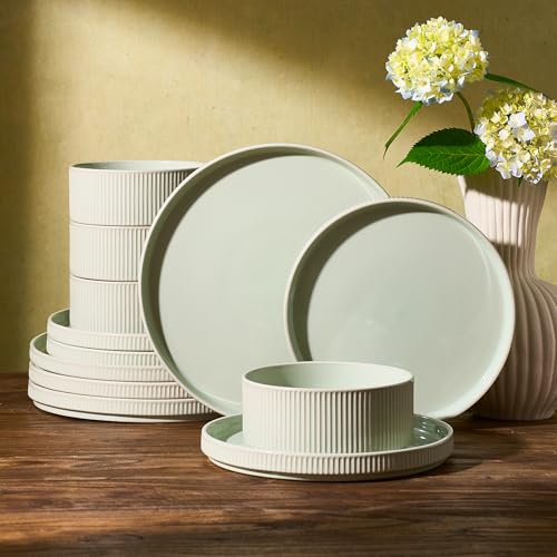 Image of Famiware Ceramic Plates and Bowls Set, Dinnerware Sets, Ribbed Dishes for 4 | 12-Piece Stoneware Dishware, Lipped Edges, Chip & Scratch Resistant, Microwave & Dishwasher Safe, Everyday Use, Light Green