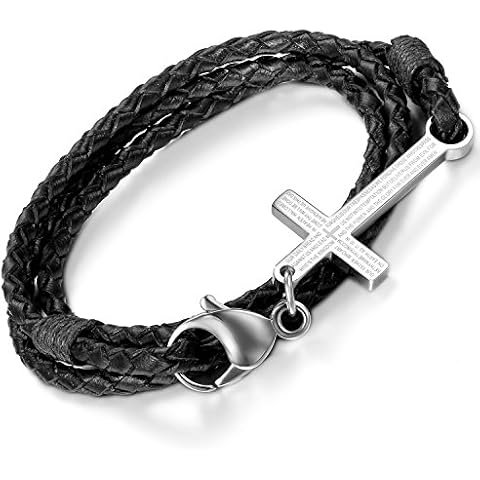 Flongo Men's Vintage Stainless Steel English Bible Lords Prayer Cross Braided Black Leather Cuff Bracelet, 8.5 inch Cover