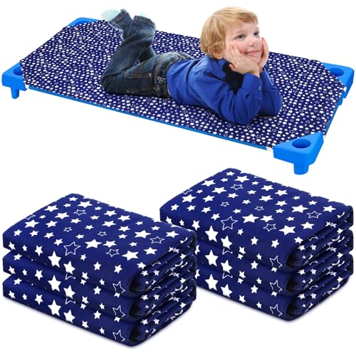 Image of Peryiter 6 Pcs Cot Sheets for Daycare Standard Size 24 inch x 51 inch Toddler Nap Mat Sheets Star Pattern with Corner Elastic Loops Breathable Bed Fitted Cot Crib for Preschool Child Kid Boy Girl (Navy Blue)