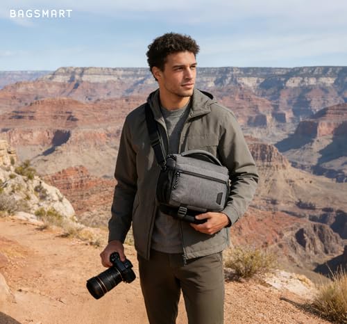 BAGSMART Small Camera Sling Bag for Photographers, Compact Camera Shoulder Bags for DSLR/SLR/Mirrorless Cameras, Waterproof Crossbody Camera Case with Tripod Holder, Grey by BAGSMART - Used condition - Image 2