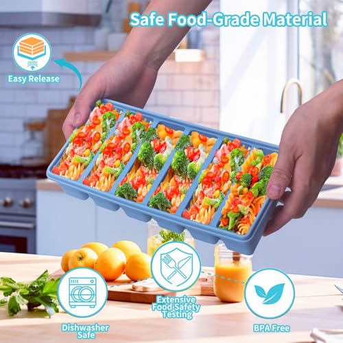 Image of 1 /2 Cup Silicone Freezer Tray With Lid - Silicone Freezer Molds 4-Pack For meal prep & freezing of various sauces and other dishes, makes 24 perfect 1 /2 cup portions cube (Blue 4 Pack)