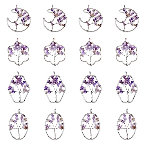 DICOSMETIC 8Pcs 4 Styles Gemstone Charms Natural Amethyst Tree of Life Pendants Flower Moon Oval Hexagon Copper Wire Wrapped Chip Stone Pendants Birthstone Charms for Jewelry Making Hole: 6.2mm