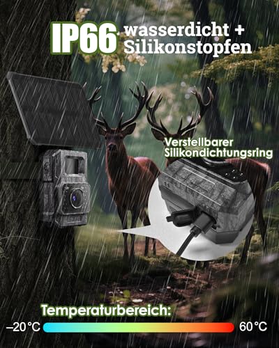 MAXDONE Wildkamera Solar WLAN mit Handyübertragung App - 4K 64MP Wildtierkamera Bluetooth mit Bewegungsmelder Nachtsicht 6000mAh Lithium-Batterie, 32GB SD-Karte, Nachtsichtkamera IP66