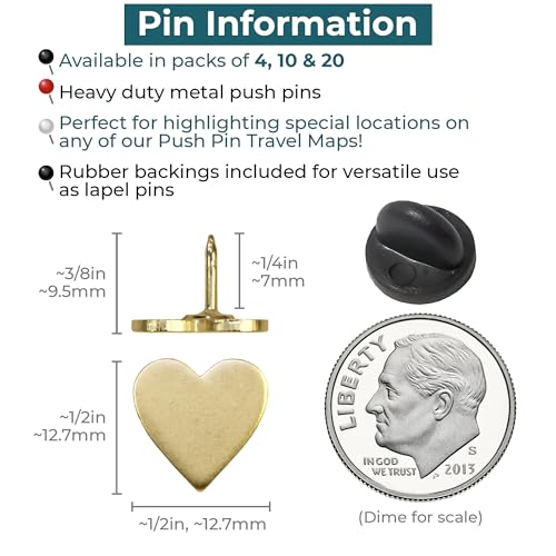 Image of Big Gold Heart Push Pins - Large Gold Metal Heart Map Pins - for Cork Board, Maps, or Lapel Pin Use - Designed in USA - Set of 20