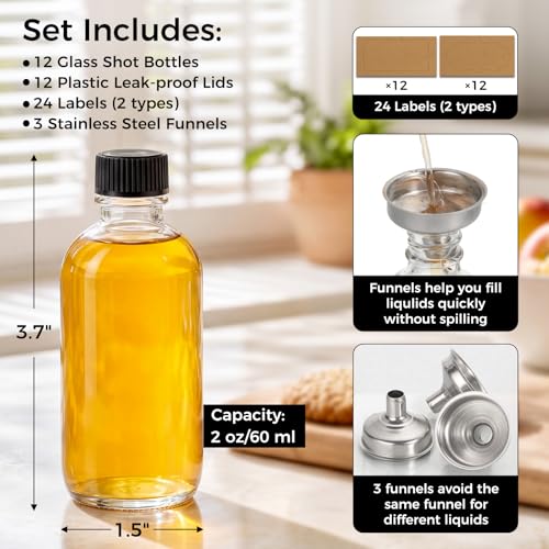 Image of AOZITA 12 Pack, 2 oz Small Clear Glass Bottles w /Lid & 3 Funnels - 60ml Boston Shot Bottles for Health, Immunity, Potion, Wellness, Sample, Ginger, Juice - Mini Personal Care & Beauty Travel Bottle