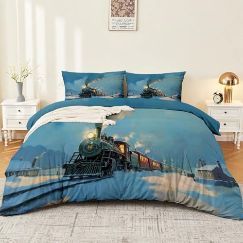 Funda Nórdica Multicolor Vintage Realista Tren 240 x 220 cm Juego de Ropa de Cama de Microfibra con 2 Fundas de Almohada 50x75 cm Transpirable con Cremallera y Suave
