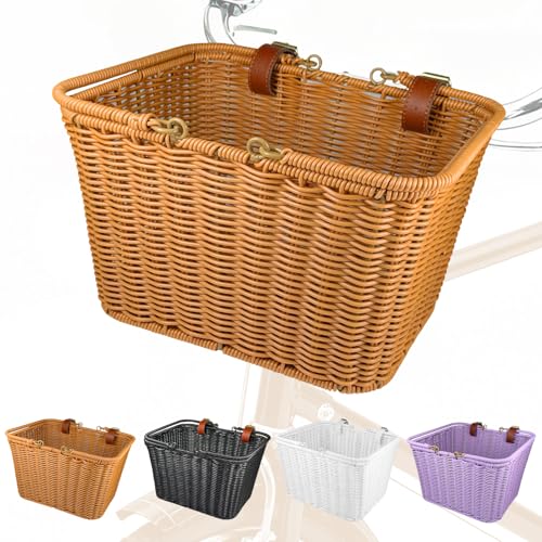 Bike Basket Front,Hand-Woven Bicycle Basket for Adult Bikes with Leather