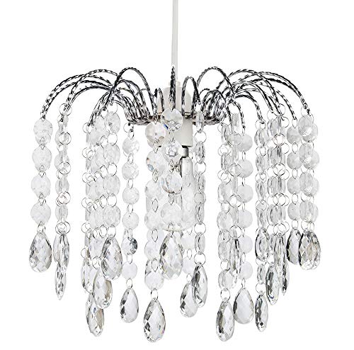 Contemporary Waterfall Designed Pendant Light Shade with Transparent Acrylic Droplets and Beads - Chrome Plated Metal Frame by Happy Homewares