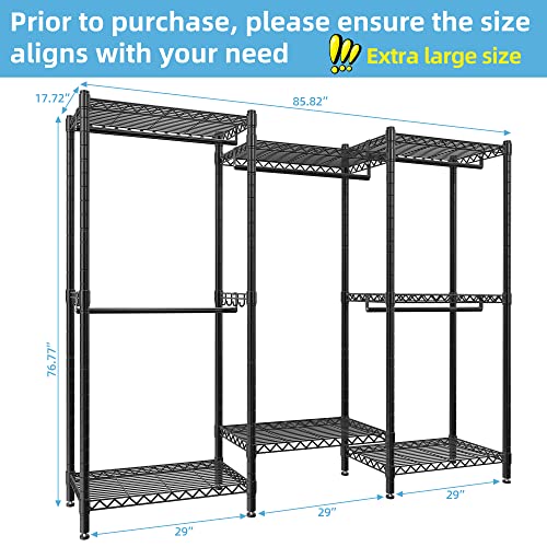 Punion Portable Wardrobe Rack, 7 Tiers Wire Shelving Black Garment Rack, Compact Extra Large Clothing Racks Metal With 5 Hanging Rods, 1 Pair Side Hooks For Hanging Clothes #TOP2