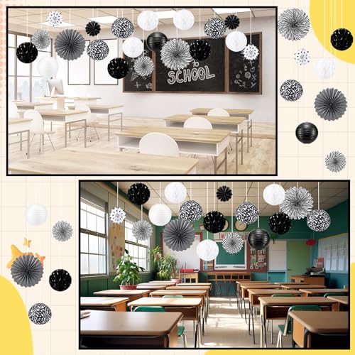 Image of Retisee 18 Pcs Composition Book Classroom Decoration Kits Black and White Composition Book Hanging Paper Lanterns Paper Fans Honeycomb Balls Decor for Back to School Classroom Party Decoration