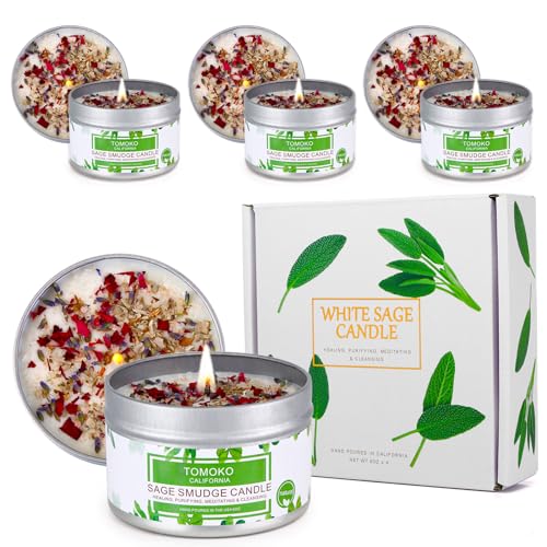 White Sage Candle 4 Pack, 220 Hours Burn Time, Sage Leaf, Rose, Lavender, Himalayan Salt & Essential Oil