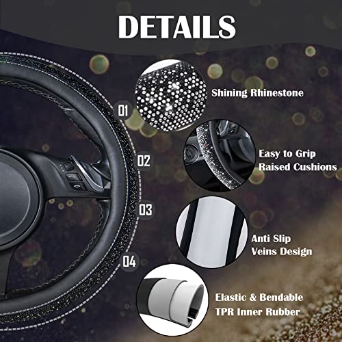 Image of CAR PASS Bling Diamond Leather Steering Wheel Cover, Bling Sparkly Crystal Glitter Rhinestones Universal Fit 14 inch 1 /2-15 inch Car Wheel Protector for Women Girl Fit Suvs,Vans,Sedans,Trucks, Black Silver