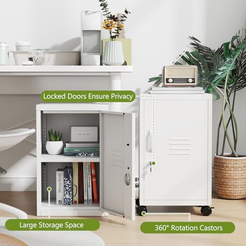 Image of pozdeg 24.4 inch H Metal Storage Locker with Wheels, Single Door Lockable Steel File Cabinet with Adjustable Shelf, Anti-Theft Locker for Home, Office, School, Gym Organizer, White