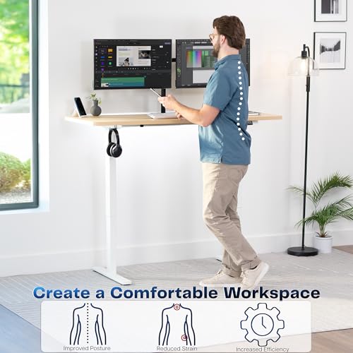 Image of VIVO Electric 60 x 24 in Standing Desk, Memory Height Adjustment, 1B Series, Holds 220 lbs, One-Piece Light Wood Top, White Frame, DESK-KIT-1W6C