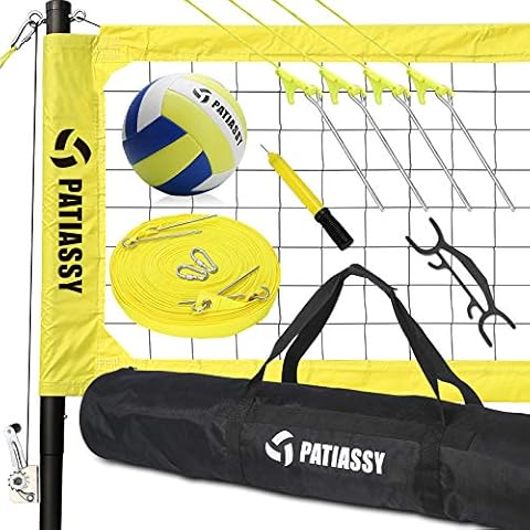 Patiassy Professional Portable Volleyball Sets for Backyards, Beach, Outdoor - Volleyball Net and Ball Set System with Winch System for Anti Sag Net + Adjustable Poles, Yellow Cover