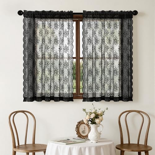 Image of MIULEE Black Floral Lace Curtains 2 Panels, Black 52 inch W x 45 inch L | Victorian Floral Semi Sheer Tier Curtains, Gothic Vintage Rod Pocket Window Drapes for Kitchen Cafe