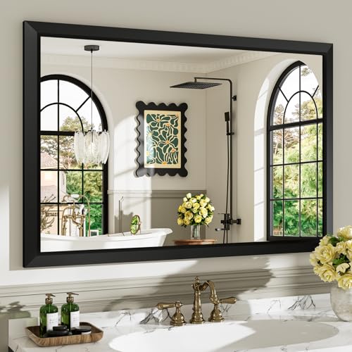 Image of 48x32 Inch Black Bathroom Mirror for Wall, Beveled Framed Rectangle Bathroom Vanity Mirrors for Over Sink, Bedroom, Living Room, Entryway, Anti-Rust, HD Tempered Glass, Horizontally /Vertically