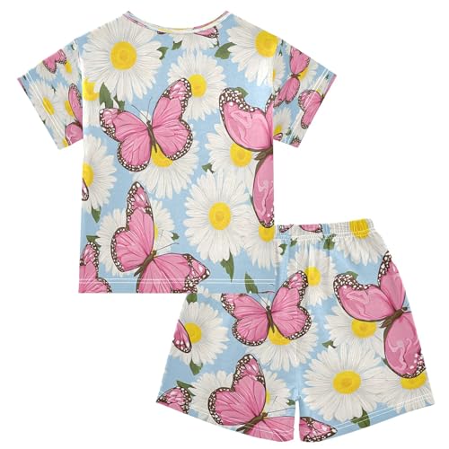 Pink Butterfly Daisy Pattern Kids Pjs Set Boys Girls Summer Short-Sleeve Sleepwear Pajamas 2PCS2