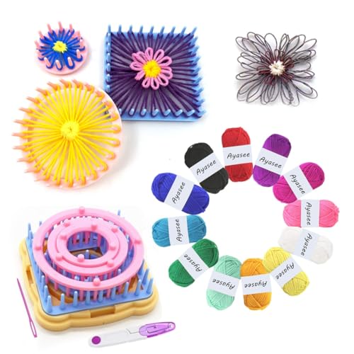 Ayasee Kit de telar para tejer, kit de telar para tejer flores, telares de marco, lana para tejer, redondos/cuadrados, kit de manualidades multicolor (fabricante de flores + hilo)