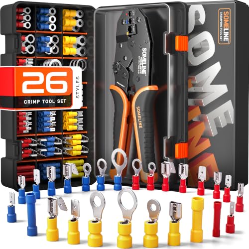 SOMELINE Kit de Crimpadora Terminales Eléctricos, 26 Tipos de Terminales Preaislados, 0,34–6mm² Crimpadora Autoajustable de Trinquete, para Electricista, Automoción y Bricolaje