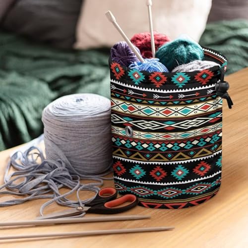 Image of Black Aztec Yarn Bag Portable Yarn Holder for Crocheting Project Needles Accessories