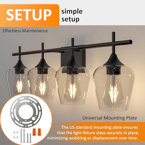 Image of Vanity Bathroom Light, 4-Light 29'' Bathroom Light Fixtures Over Mirror, Black Vanity Lights for Bathroom with Clear Glass, Modern Wall Lamp for Cabinet Hallway, Bedroom