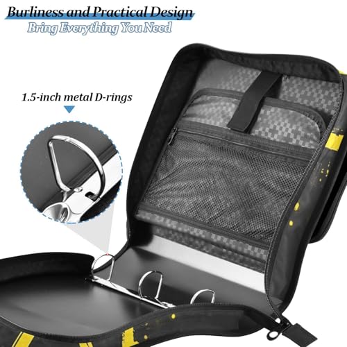 Image of 3 Ring Zipper Binder with Shoulder Strap Yellow Basketball Splash Black 1.5 inch Binders Keeper Large Capacity Multi Pockets for School Office Supplies