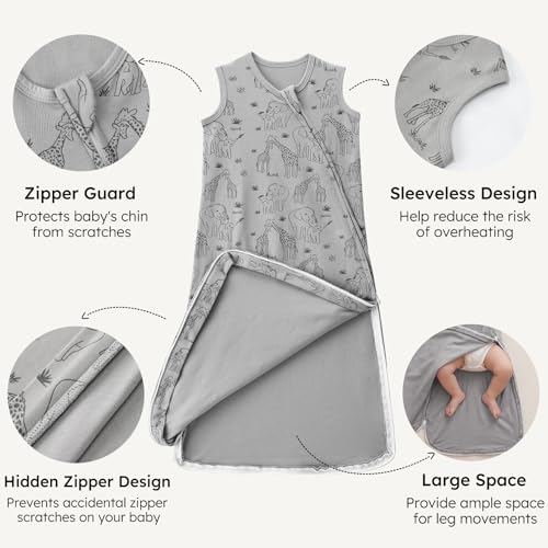 Image of Baby Sleep Sack 12-18 Months 0.5 Tog Baby Wearable Blanket 100% Cotton Sleeping Sack with 2-Way Zipper for Toddler Infant Apricot Gray Elephant