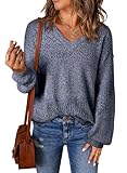 SHEWIN Womens Fall Fashion Crochet Sweaters Casual Lightweight Long Sleeve Hollow Out Sweater Tops V Neck Cable Knit Pullover Jumper Fall Outfits for Women 2025, M, Blue