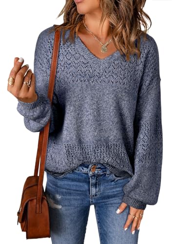 Image of SHEWIN Women's Sweaters Casual Long Sleeve V Neck Crewneck Lightweight Crochet Pullover Sweater Tops