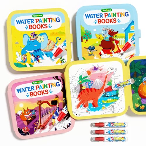 Image of Timetome Reusable Water Painting Books for Kids – 3-Pack Magic Water Reveal Coloring Books with Water Pens (Fairy Tale, Animal & Dinosaur) No-Mess Coloring & Reusable Fun Travel Activity for Ages 3–6
