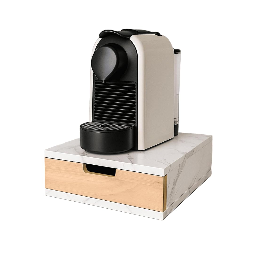 Mottiwood Porta Capsule Cialde con Cassetto, Salva Spazio, Effetto Marmo Bianco, 31x31x12hcm, Cassetto Porta Capsule o Cialde Compatibili, Bustine e Accessori, Made in Italy (Effetto Marmo Bianco)