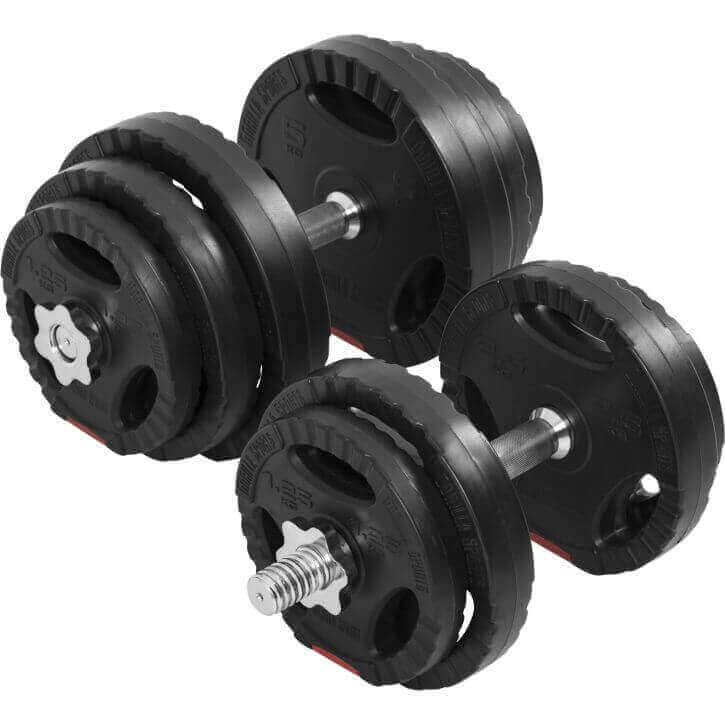 GORILLA SPORTS® Kurzhanteln 30 kg, 2er Set, 30 mm, Kunststoff, Gerändelt | Mit 2 Kurzhantelstangen, 4 Sternverschlüssen und 10 Hantelscheiben: 4 x 1,25 kg, 4 x 2,5 kg, 2 x 5 kg; Hantelset