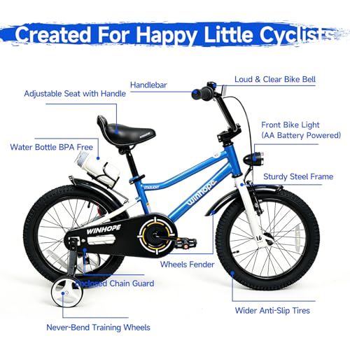 Image of WinHope Kids Bike with Headlight, 12-20 Inch Pedal Bike for 2-12 Boys Girls | Steel Frame with Training Wheels Water Bottle | Dual Brake for Summer Outdoor Riding | Birthday Gift for Toddlers