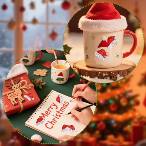 500 Stück Weihnachtsmannmützen Aufkleber, Glitzer Weihnachtsmütze Sticker Rolle Selbstklebend für Weihnachtsumschläge Karten Geschenke Partydekoration Festartikel
